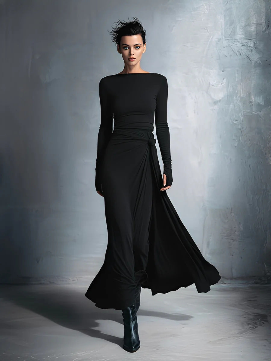 Women's Long Sleeve Knit Twist Front Wrap Maxi Dress