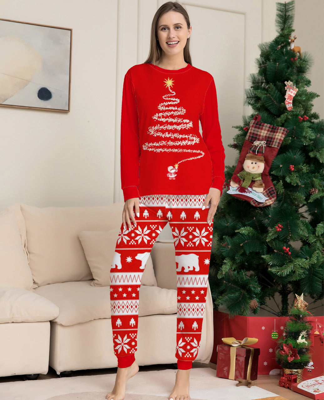 Parent-child Outfit Crew Neck Long-sleeved Suit Printed Christmas Pajamas