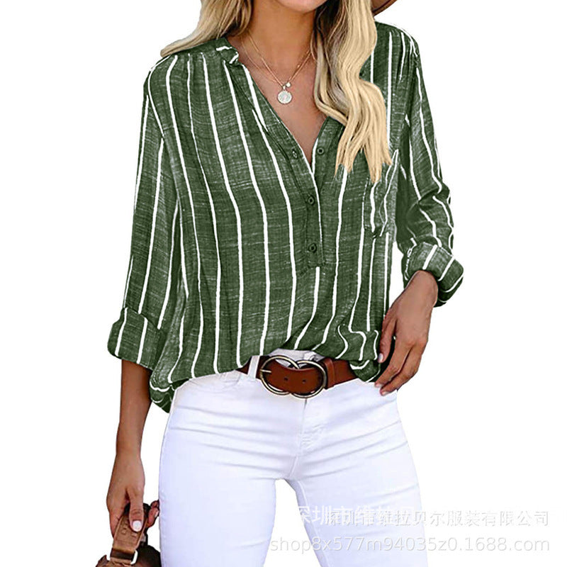 Women's Striped V-Neck Long Sleeve Casual Blouse