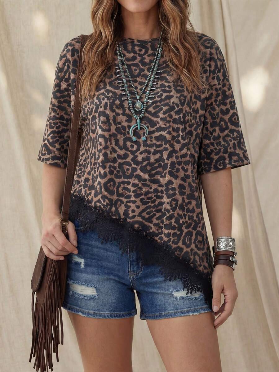 Lace Trim T Shirt Loose Fit Short Sleeve Top