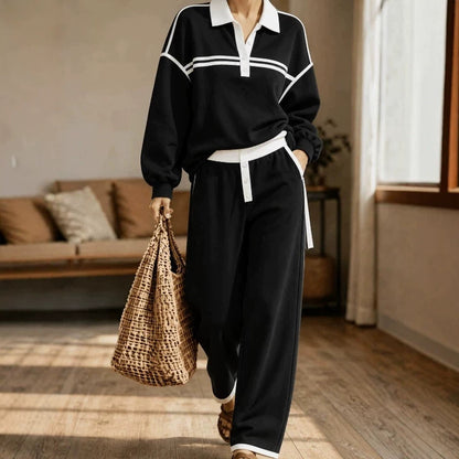 Women's Striped Polo Sweatshirt Wide Leg Pants Set