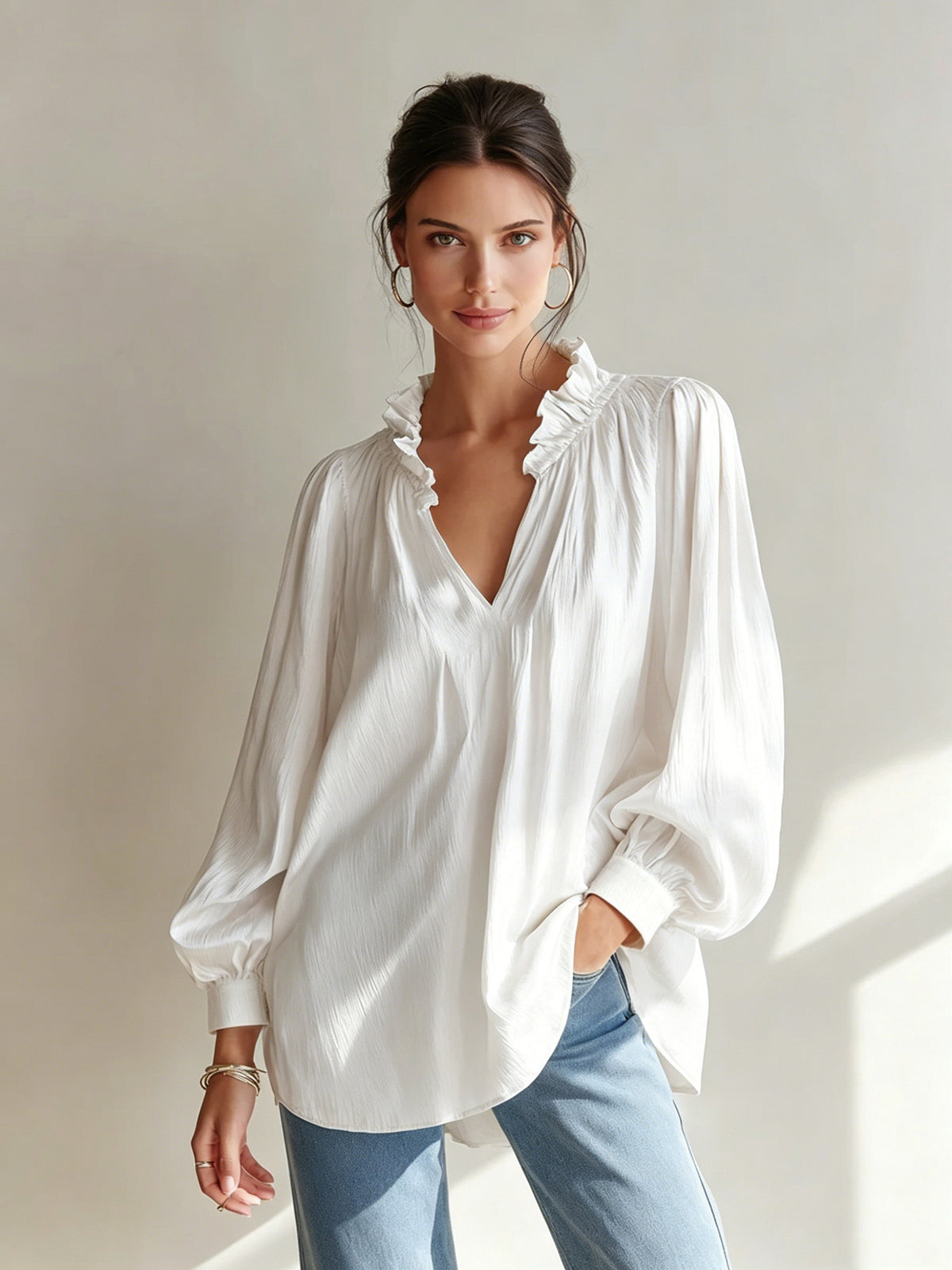 Women's Ruffle V-Neck Blouse Long Sleeve Loose Fit Top