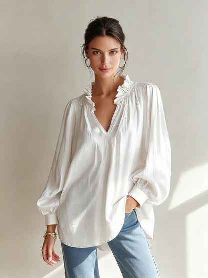 Women's Ruffle V-Neck Blouse Long Sleeve Loose Fit Top