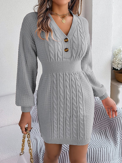 Button V Neck Sweater Dress | Cable Knit Bodycon Outfit