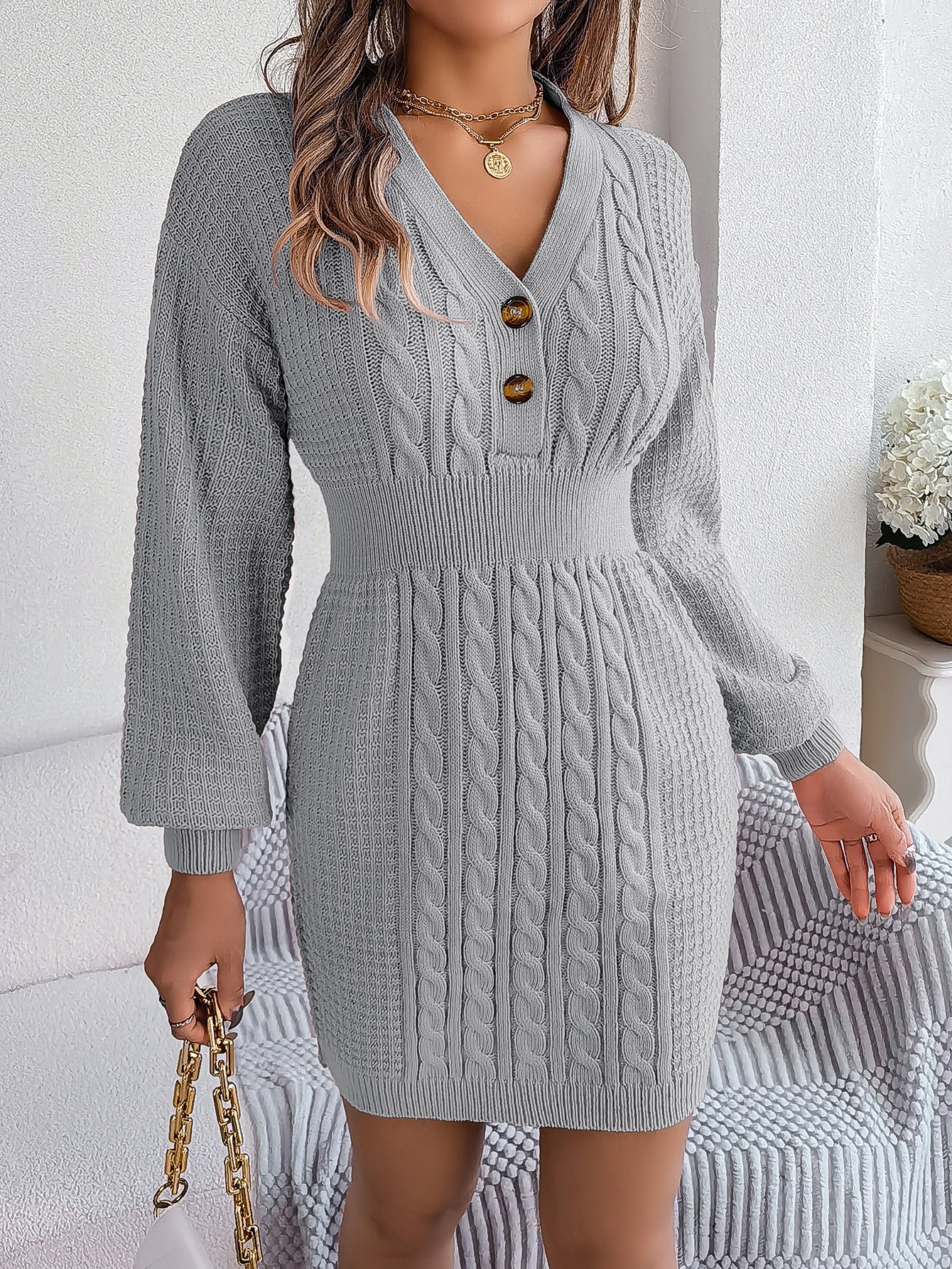 Button V Neck Sweater Dress | Cable Knit Bodycon Outfit