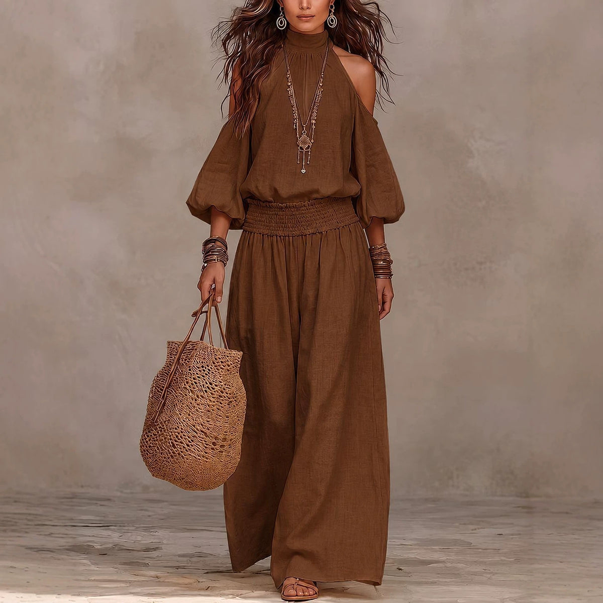 Women Cold Shoulder Smocked Top Wide Leg Pants Matching Set