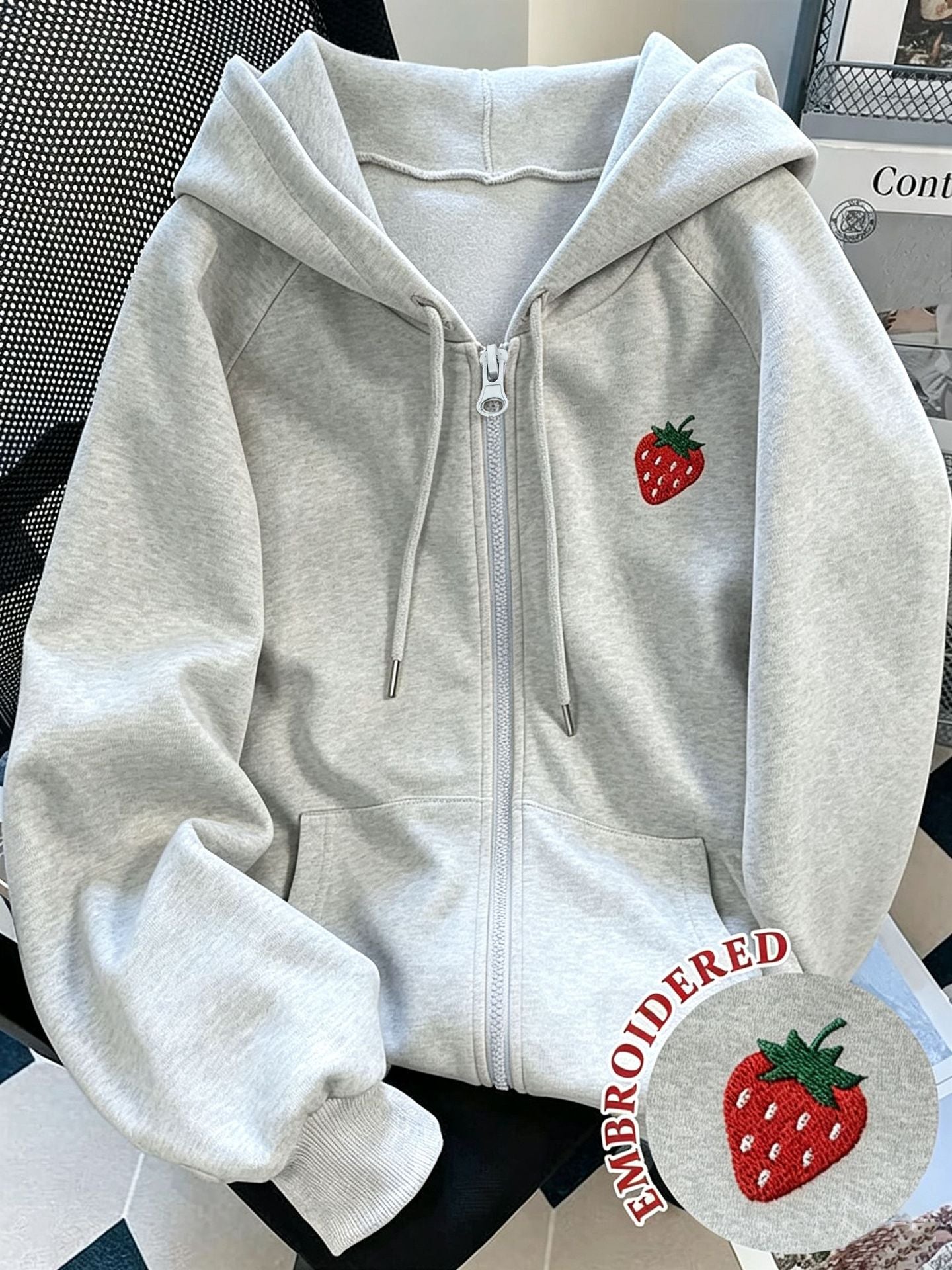 Oversized Strawberry Embroidered Zip Up Hoodie Fleece Lined