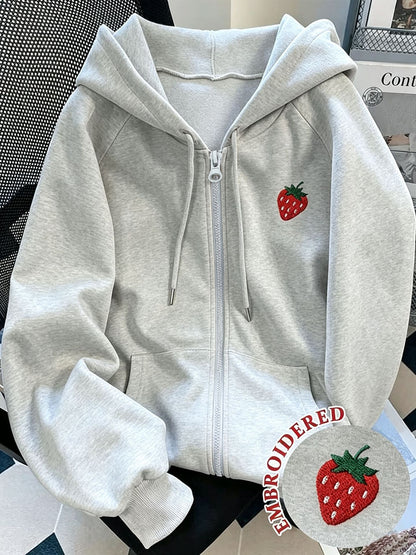 Oversized Strawberry Embroidered Zip Up Hoodie Fleece Lined