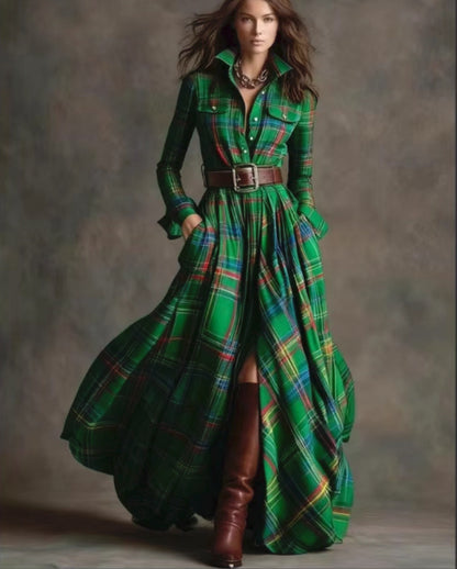Plaid Belted Maxi Shirt Dress Long Sleeve Vintage