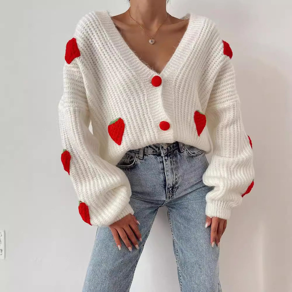 Oversized Chunky Knit Strawberry Cardigan Sweater