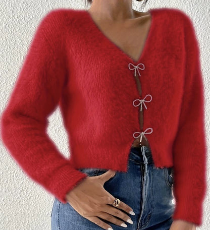 Women's Fuzzy Bow Button V-Neck Cardigan