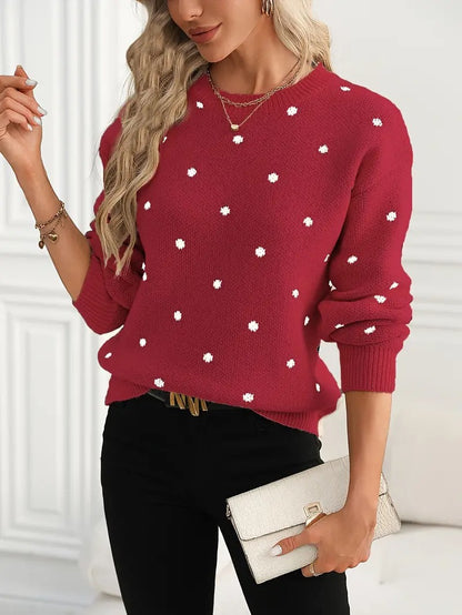 Women's Polka Dot Crew Neck Long Sleeve Sweater