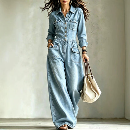 Denim Cargo Jumpsuit Women Long Sleeve Wide Leg Washed