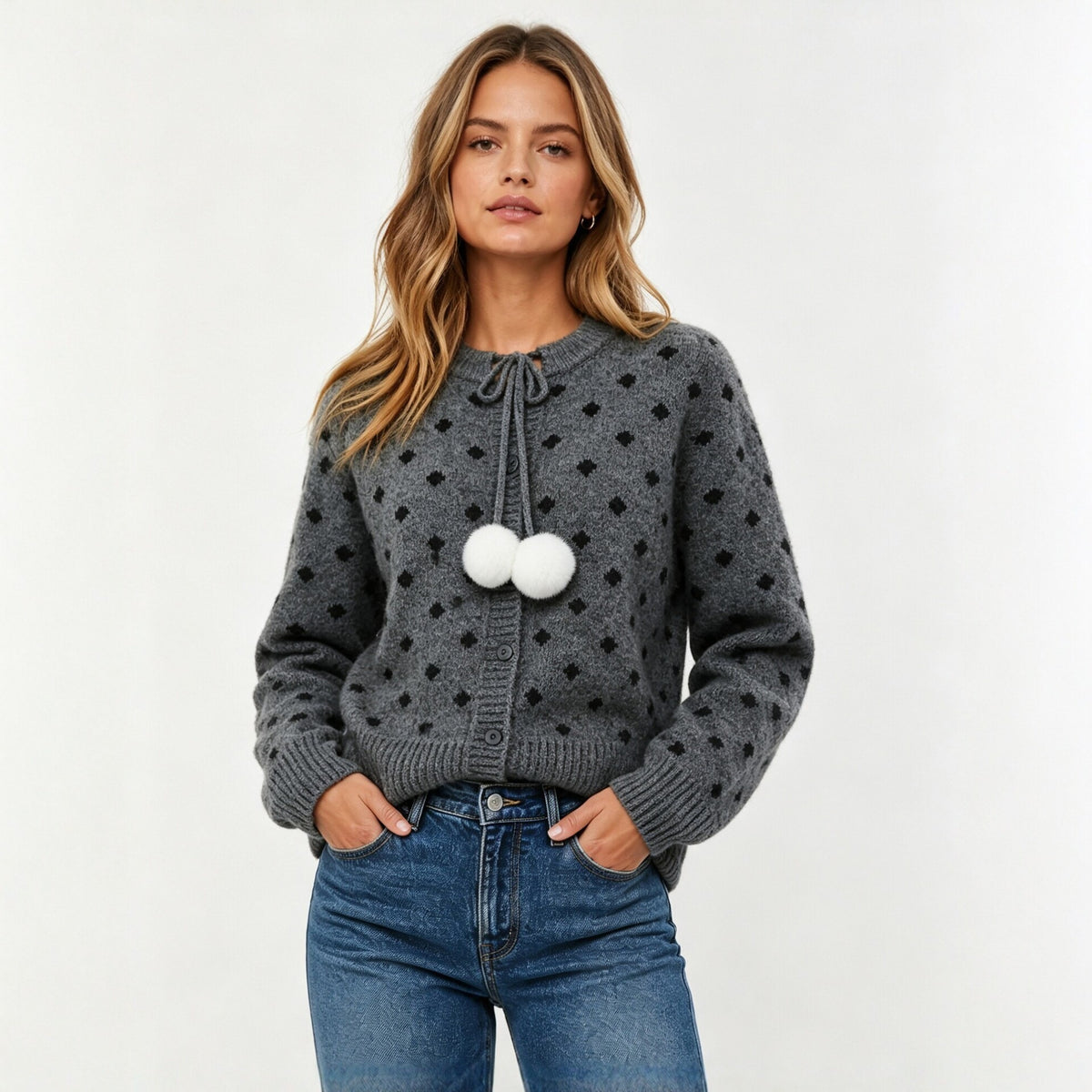 Women's Polka Dot Pom Pom Oversized Knit Cardigan