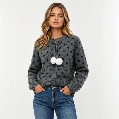 Women's Polka Dot Pom Pom Oversized Knit Cardigan