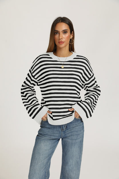 Striped Knit Sweater Crew Neck Pullover Oversized Top
