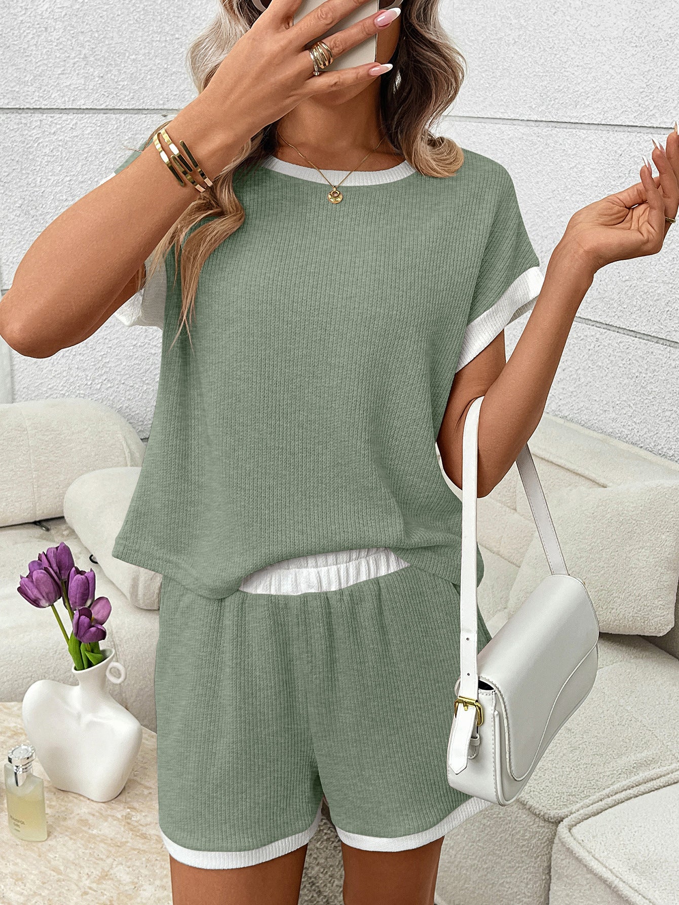 Green Ribbed Lounge Set Contrast Trim Tee Shorts Set