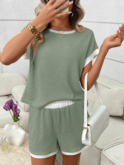 Green Ribbed Lounge Set Contrast Trim Tee Shorts Set