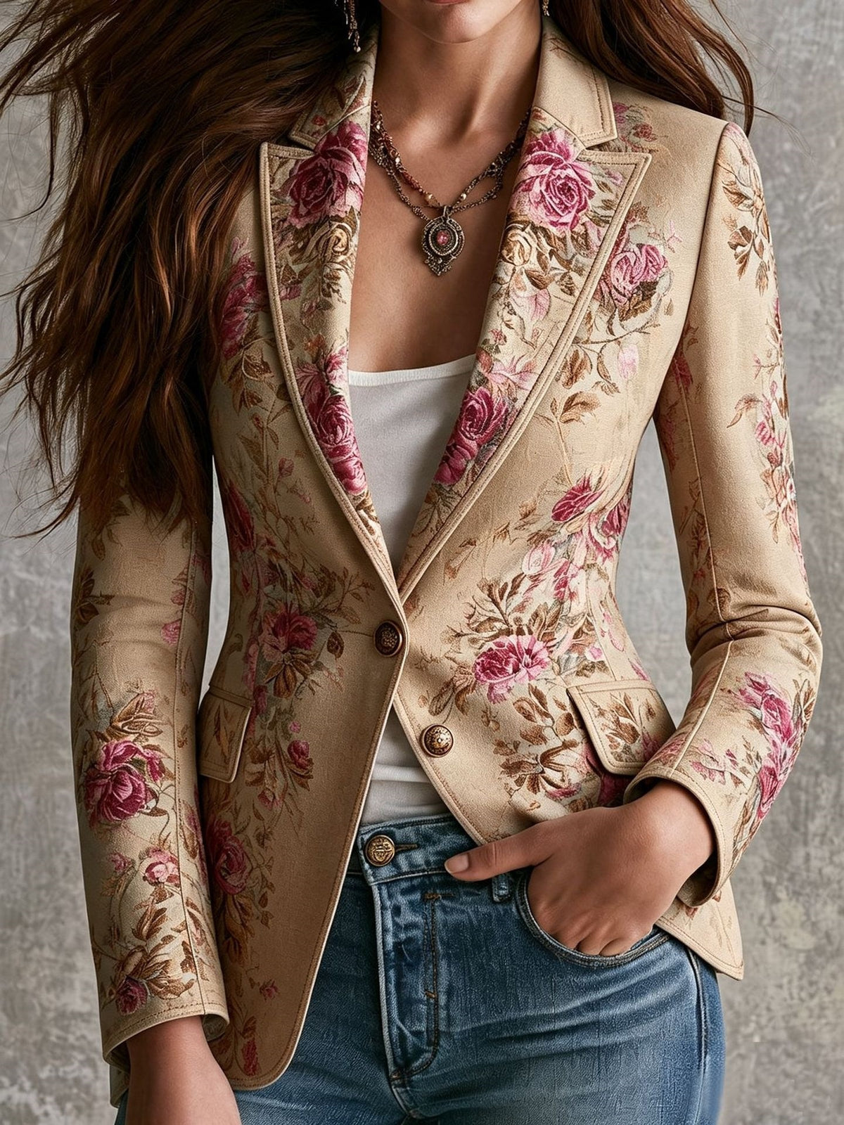 Women's Vintage Floral Faux Suede Blazer