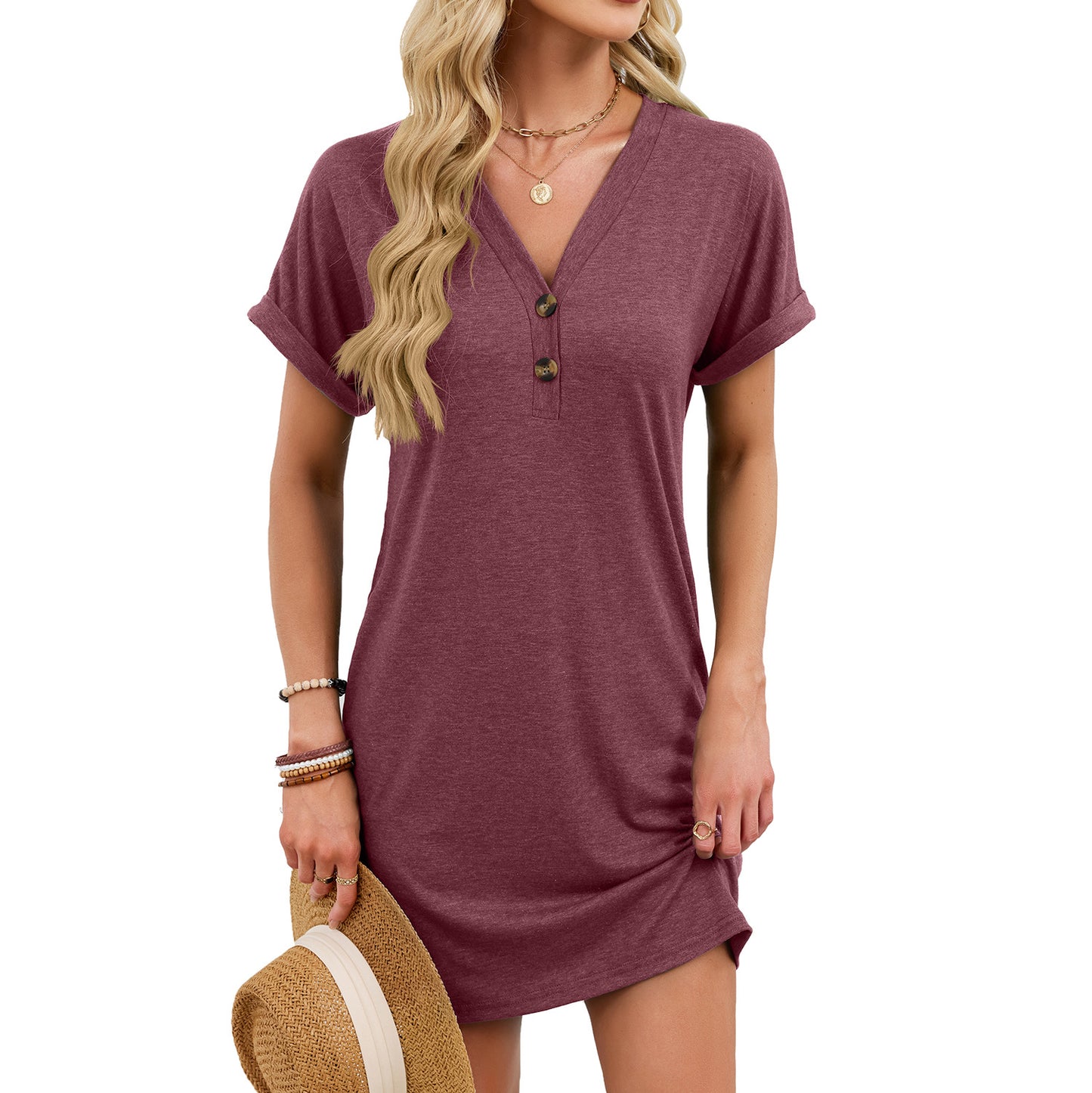 V-Neck Button Short Sleeve Mini Dress for Women