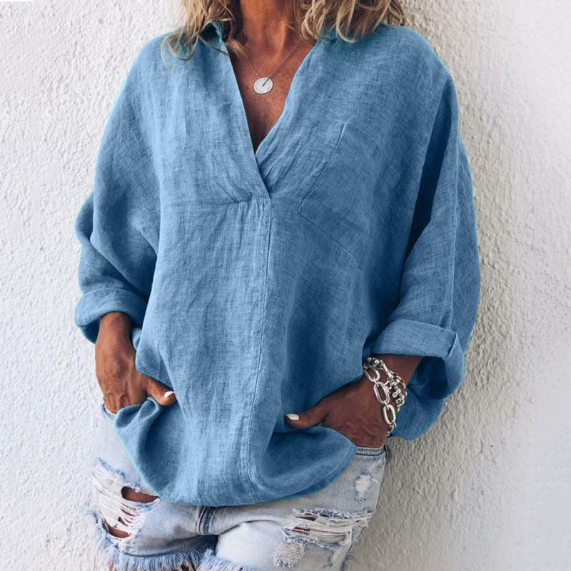 Women's Oversized V-Neck Long Sleeve Popover Blouse