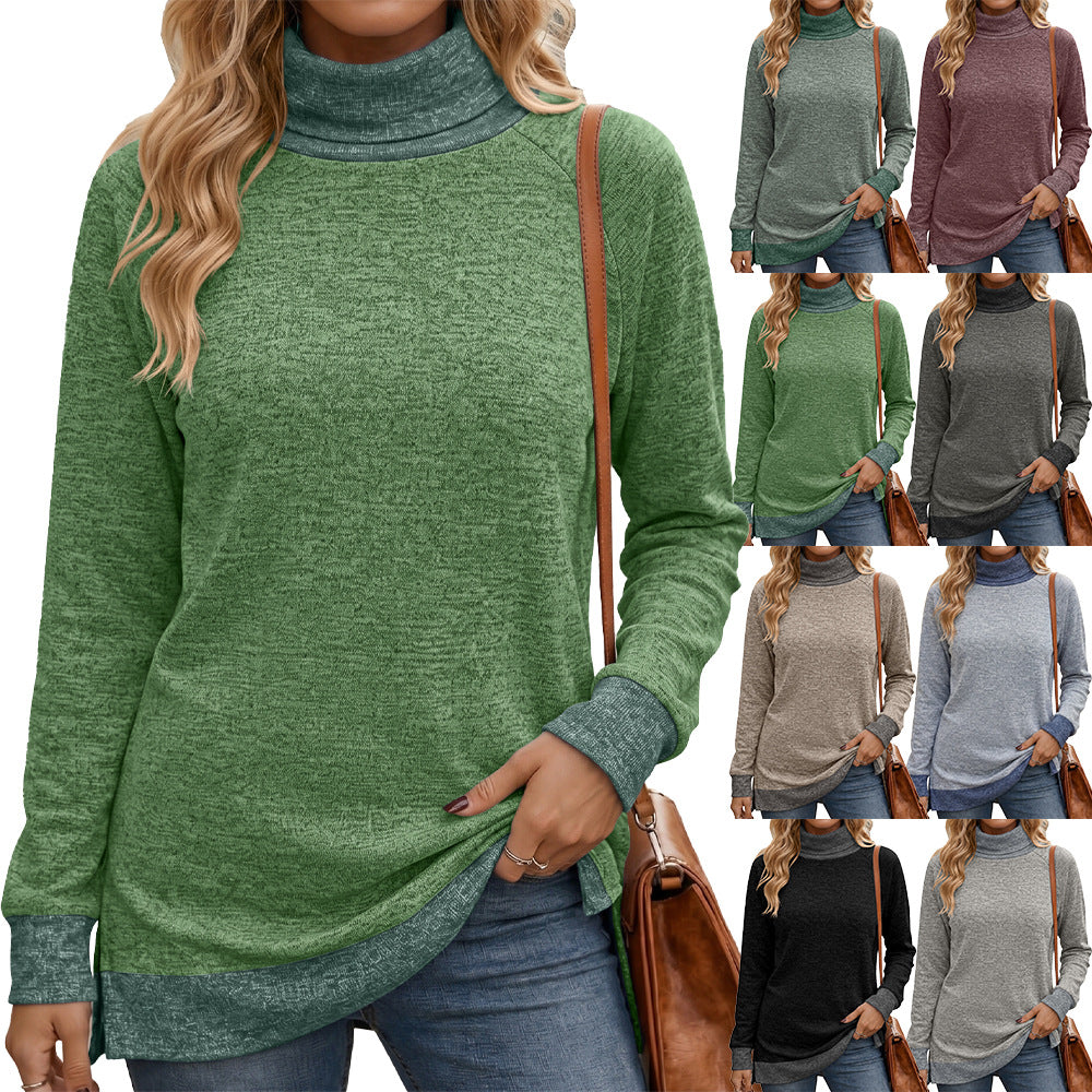 Color Block Turtleneck Long Sleeve Side Slit Tunic Top