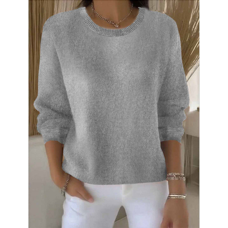 Solid Crew Neck Knit Sweater Long Sleeve Pullover Top