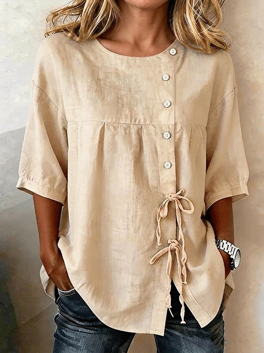 Women's Linen Blend Puff Sleeve Button Front Tie Side Top