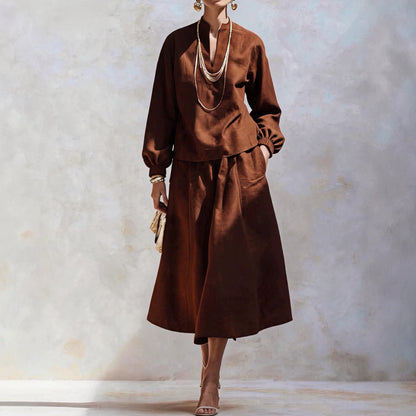 Women's Elegant V Neck Knit Top Midi Skirt Two Piece Set