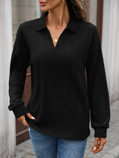 Women's Textured Collared Sweatshirt Long Sleeve Pullover