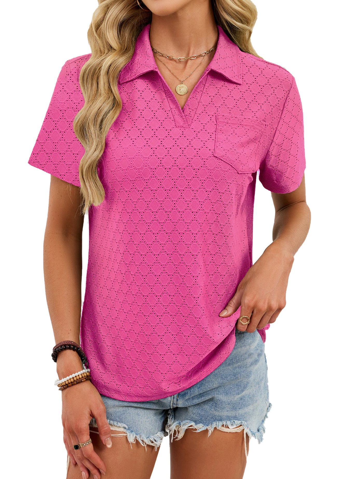 V Neck Polo Shirt Textured Knit Pocket Casual Top