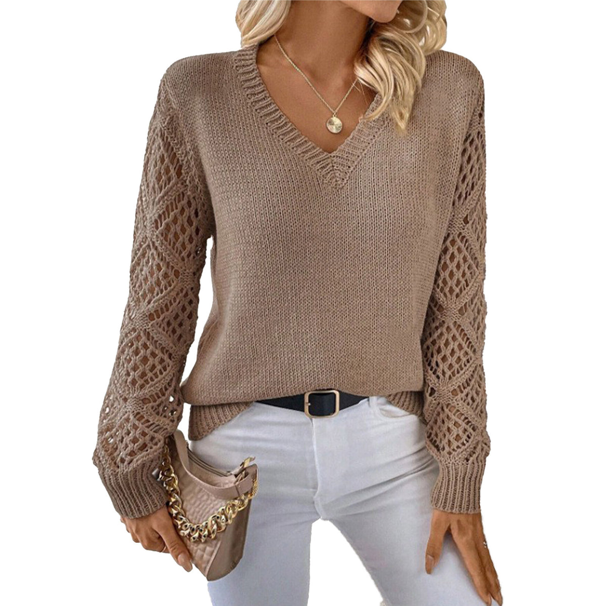 Women's V-Neck Crochet Sleeve Sweater Top