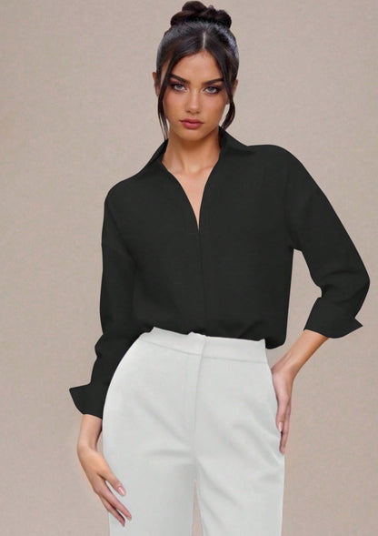 Women's V Neck Collared Business Casual Blouse Long Sleeve