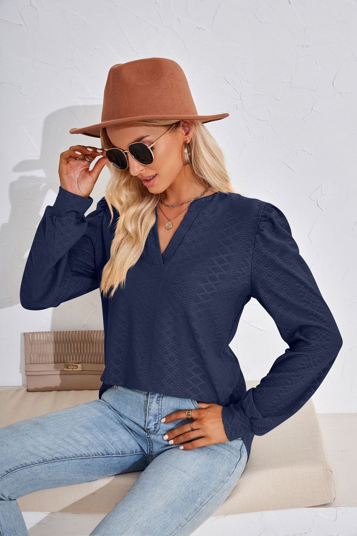Women's V Neck Puff Sleeve Textured Tunic Top Long Sleeve