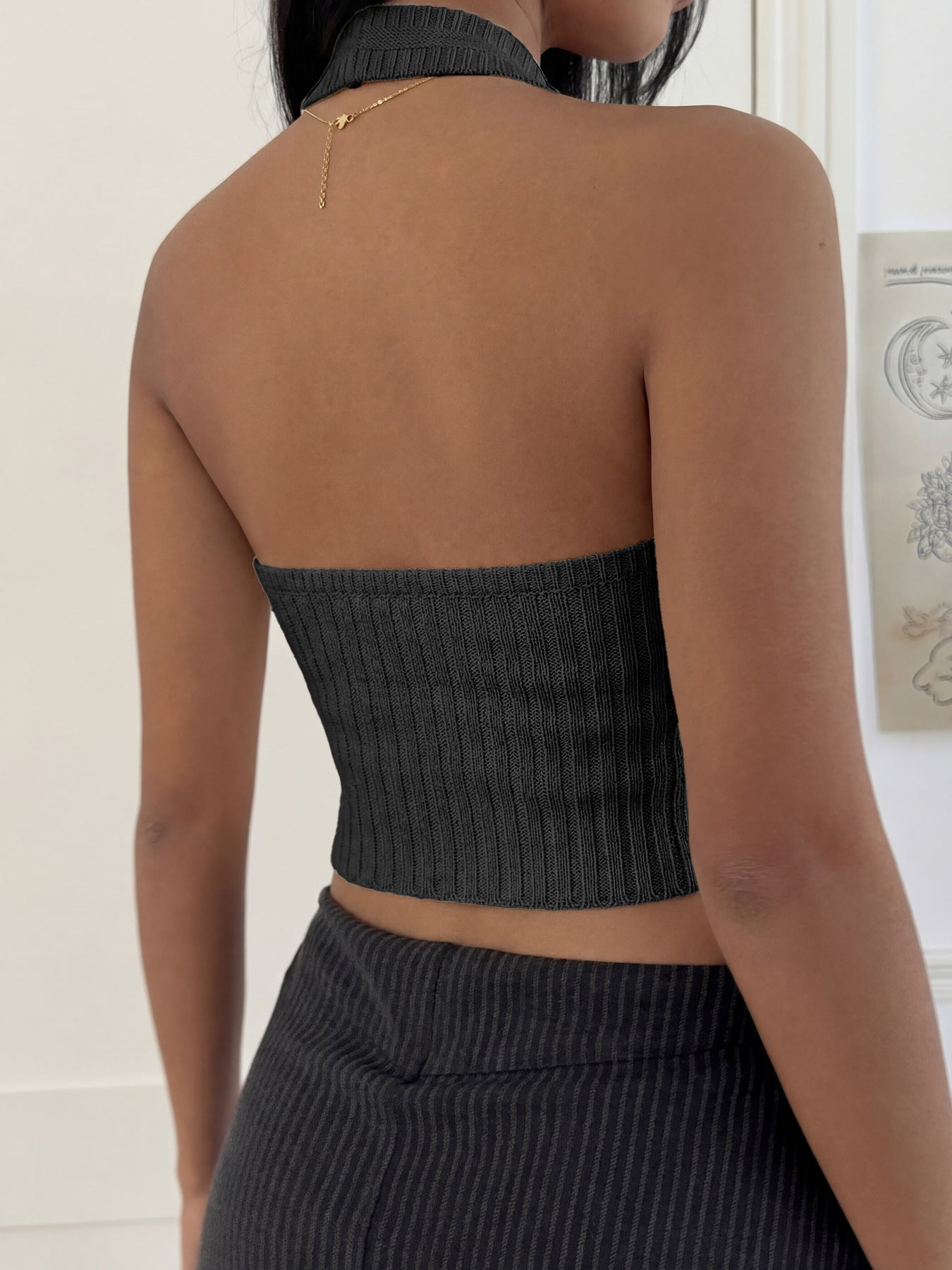 Women's Ribbed Halter Crop Top Backless Sexy Tank