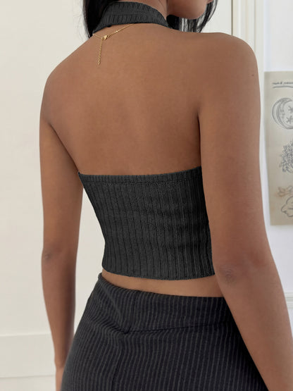 Women's Ribbed Halter Crop Top Backless Sexy Tank