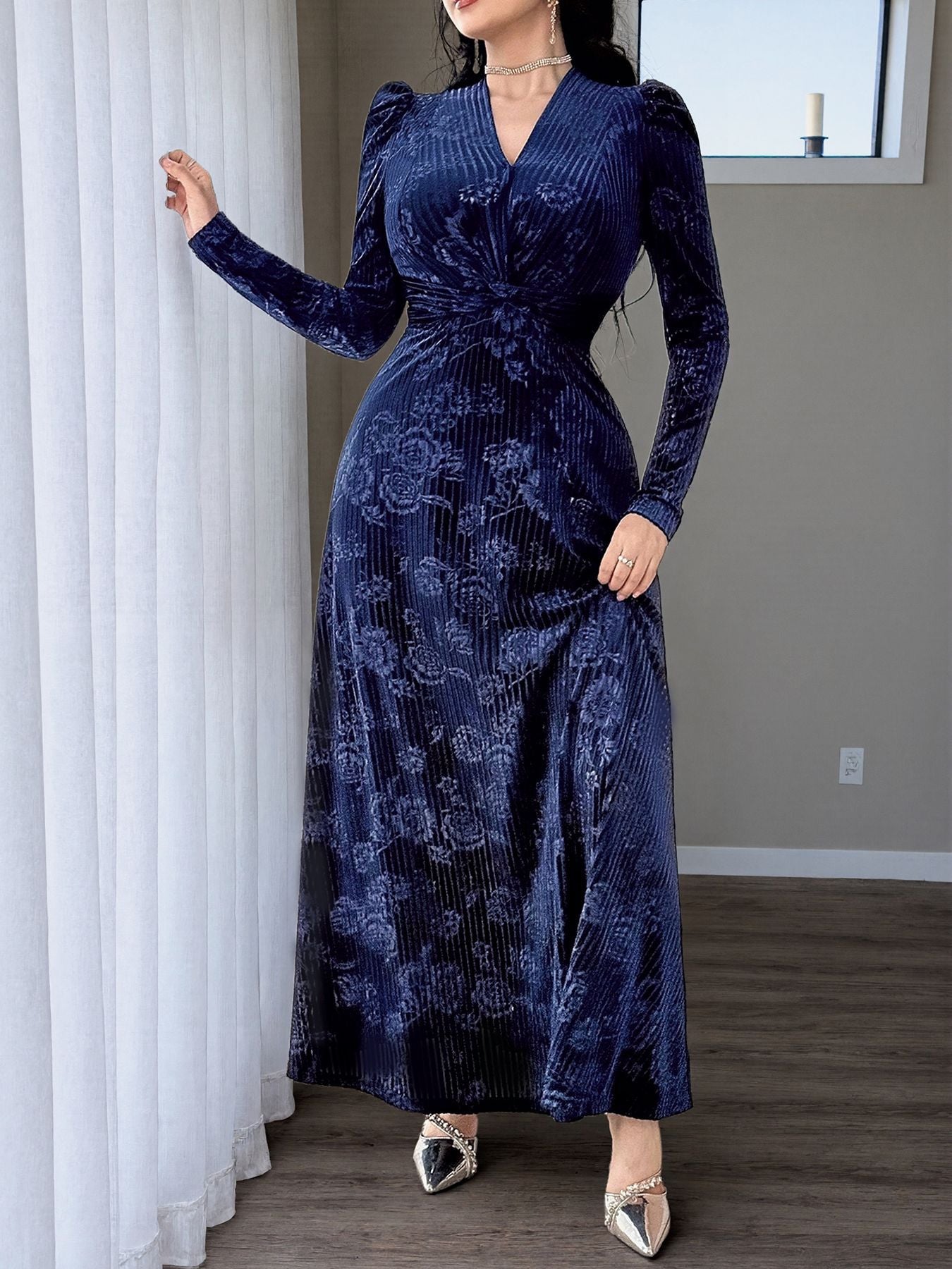 Floral Velvet Maxi Dress V Neck Twist Waist Evening Gown