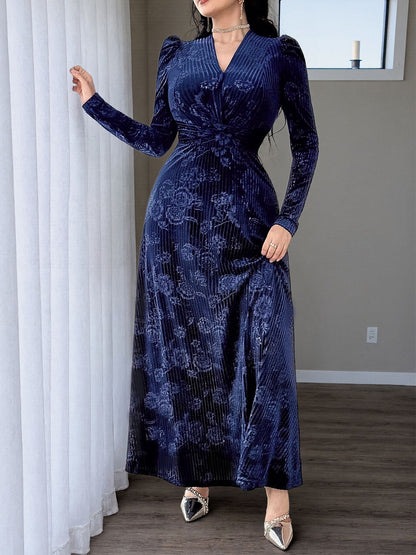 Floral Velvet Maxi Dress V Neck Twist Waist Evening Gown