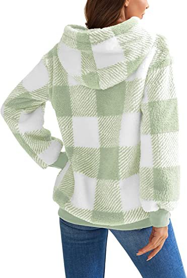 Women's Plaid Sherpa Hoodie Oversized Fleece Pullover