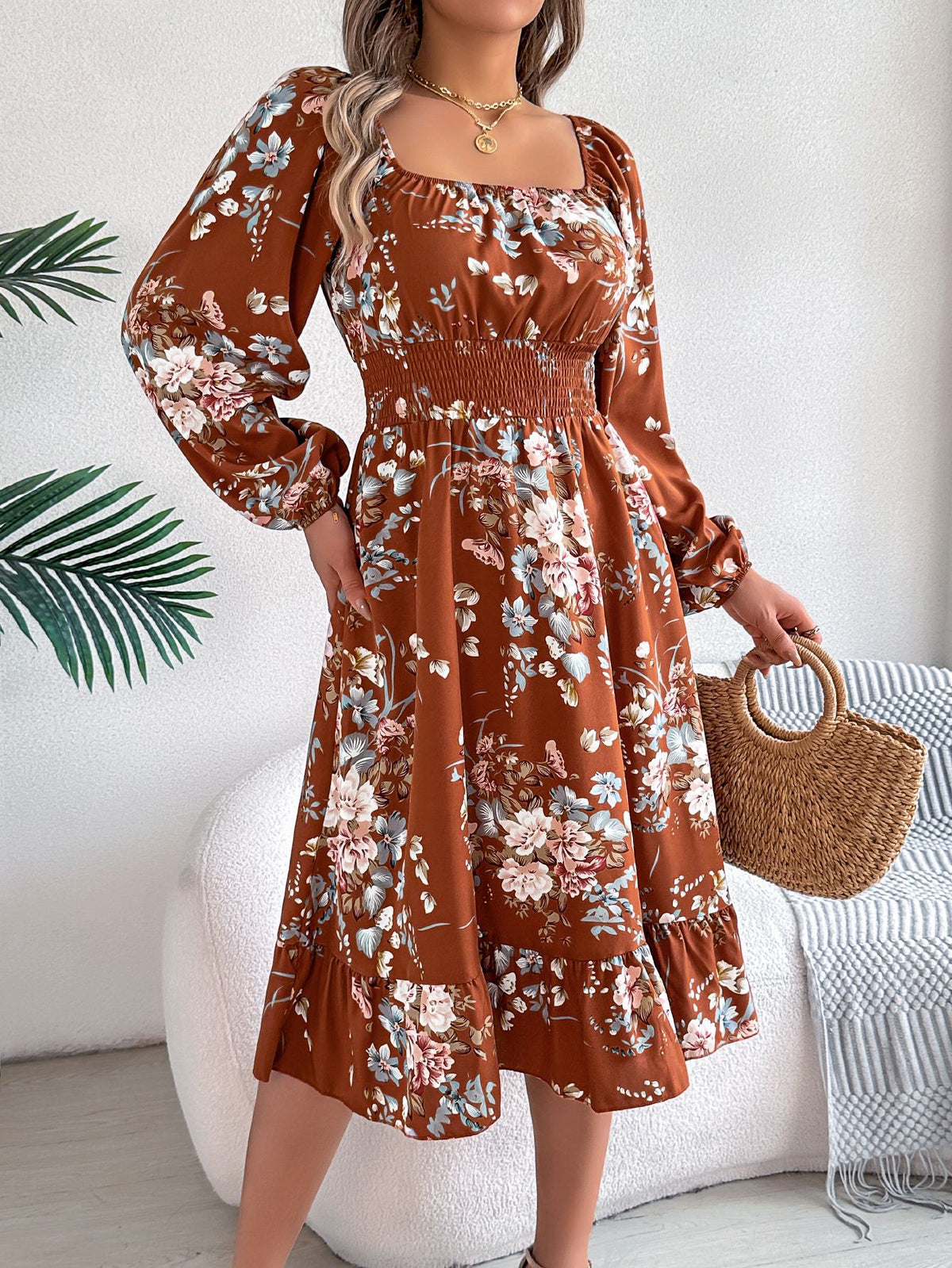 Floral Square Neck Long Sleeve Ruffle Midi Dress