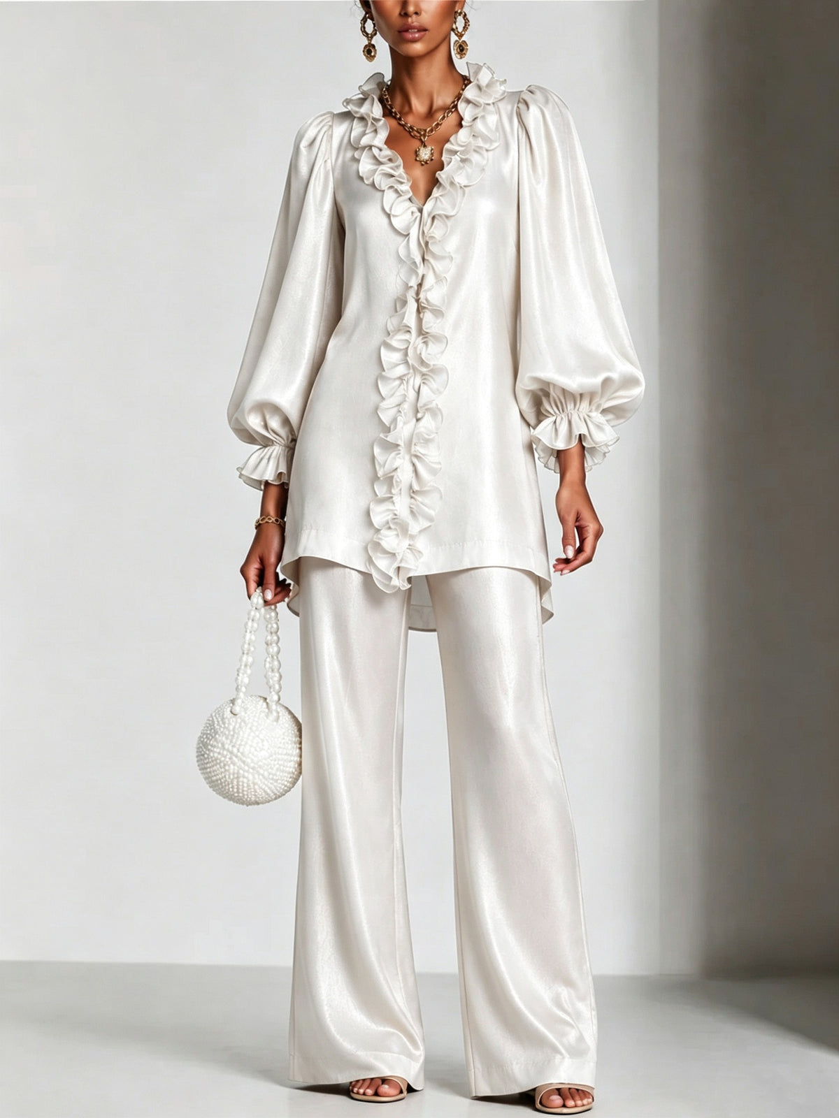 Women's Ruffle V-Neck Puff Sleeve Wide Leg Pants Set