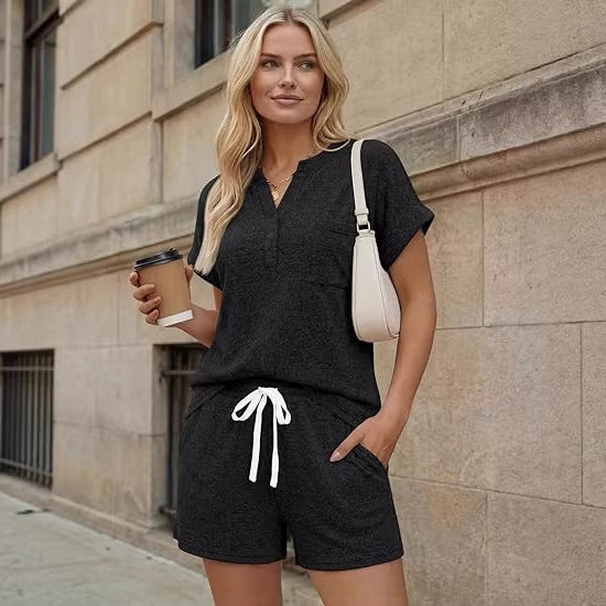Knit Two Piece Set Short Sleeve Top Shorts Lounge Outfit