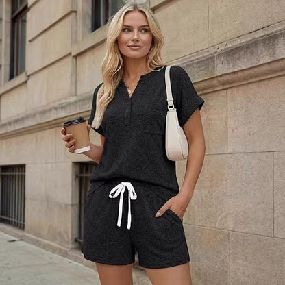 Knit Two Piece Set Short Sleeve Top Shorts Lounge Outfit