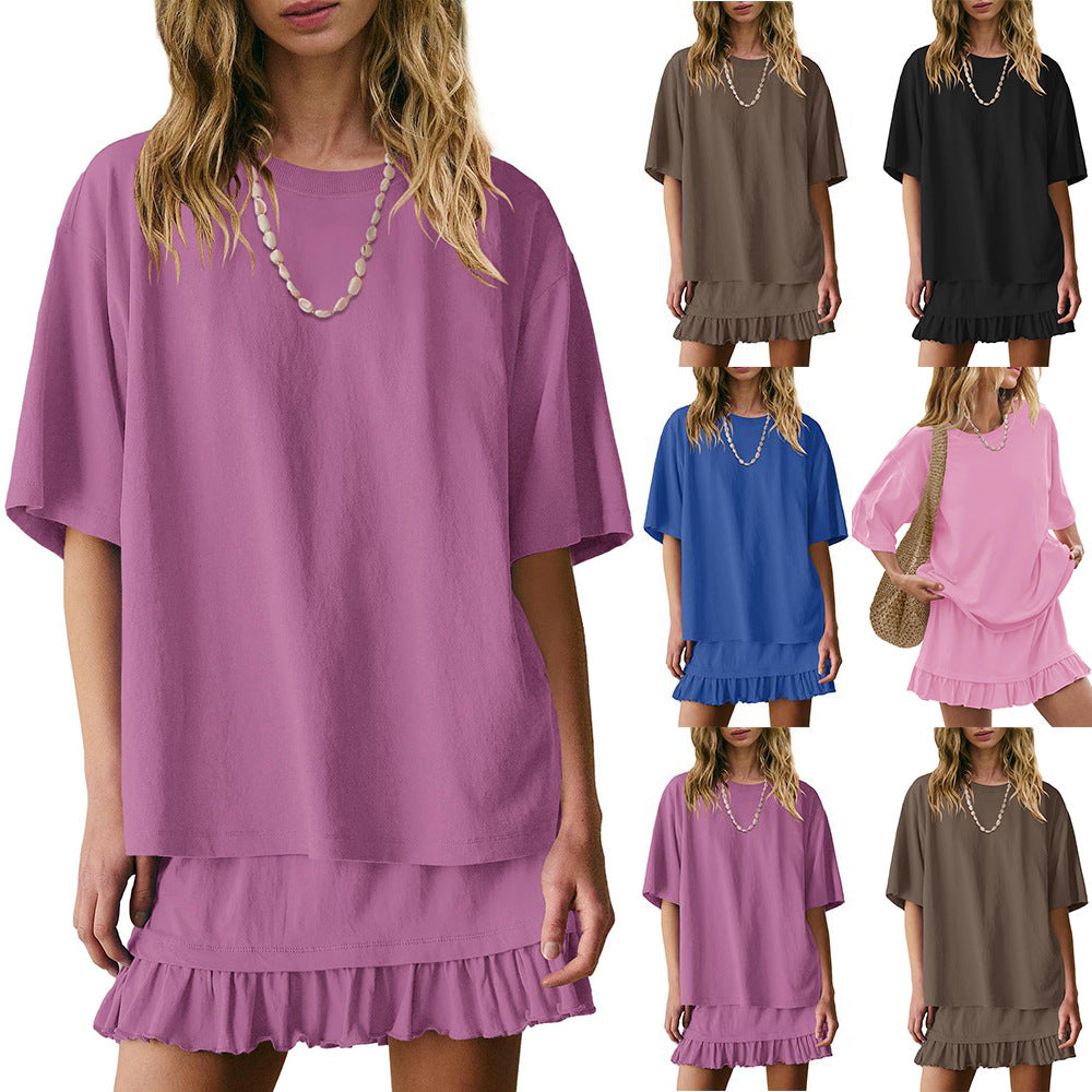 Women's Oversized Tee & Ruffle Mini Skirt Two Piece Set