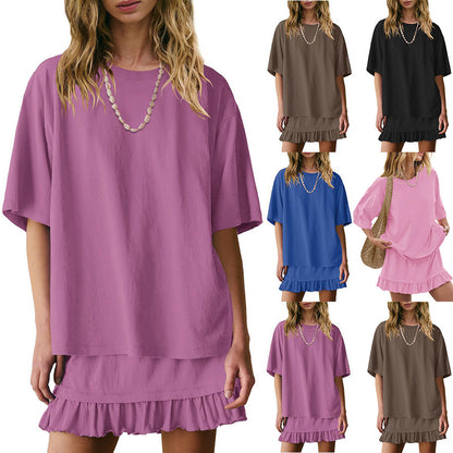 Women's Oversized Tee & Ruffle Mini Skirt Two Piece Set