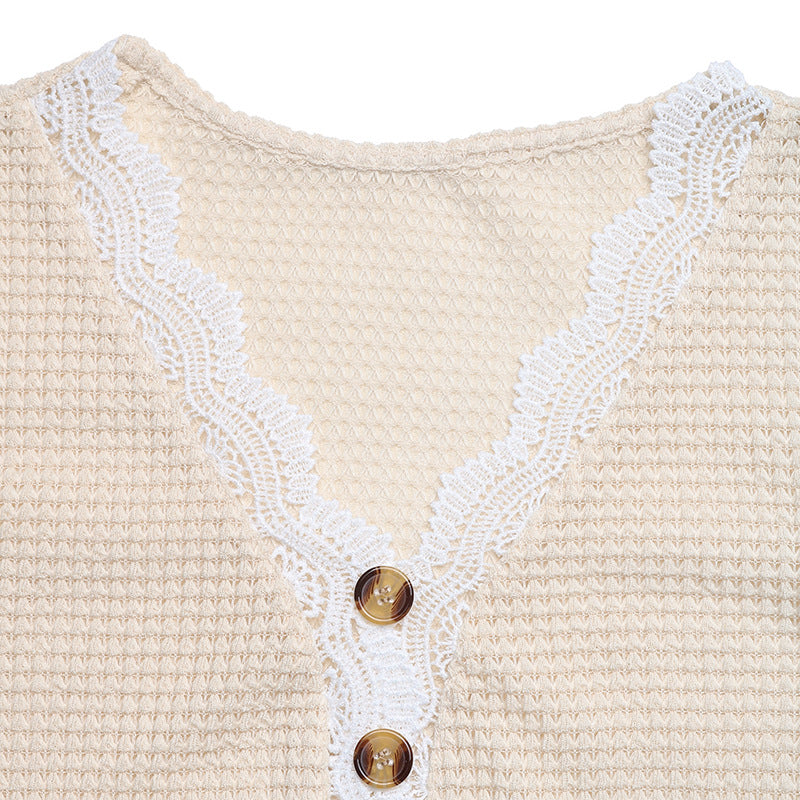 Casual V-Neck Short Sleeve Top with Lace Trim – Loose Fit