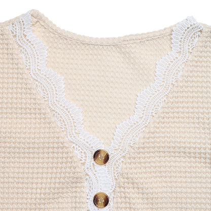 Casual V-Neck Short Sleeve Top with Lace Trim – Loose Fit
