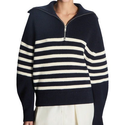 Women's Striped Half Zip Oversized Collared Sweater