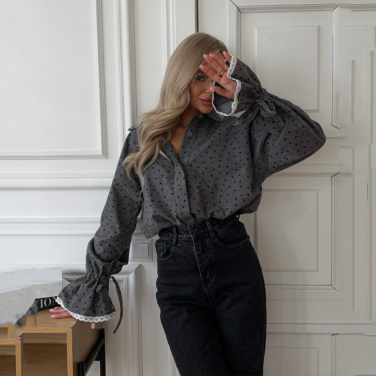 Oversized Polka Dot Lace Cuff Button Up Blouse