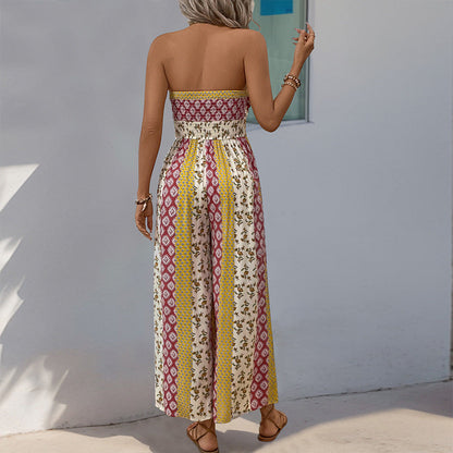 Boho Strapless Printed Wide Leg Jumpsuit Resort Romper